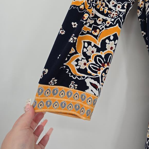 JM Collection Women's Plus Floral V Neck Waist Tie Detail‎ Blouse Blue Yellow 2X - Picture 7 of 12